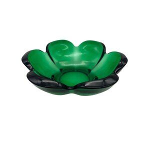 Vintage Green Glass Decorative Bowl 8.75" Flower Rim Art Glass Accent Piece